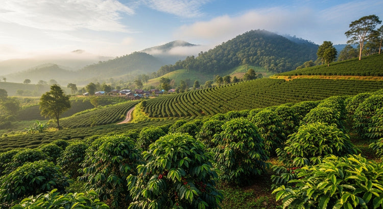 Coffee plantation with mountains in the background